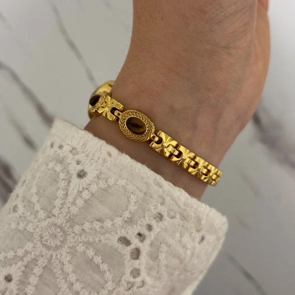 Sku0461‎ gold mini watch bracelet with brown natural stone inserts vintage style